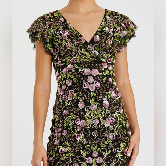 Mac Duggal Black Floral Embellished Flutter Cap Sleeve Dress Size 2 - Picture 2 of 12